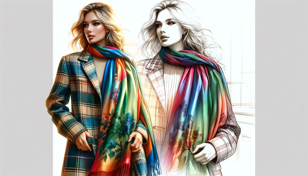 kolorowa apaszka i płaszcz w kratę