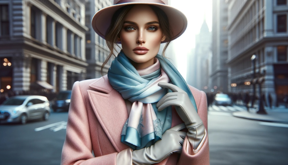 modelka w różowym płaszczu i apaszce