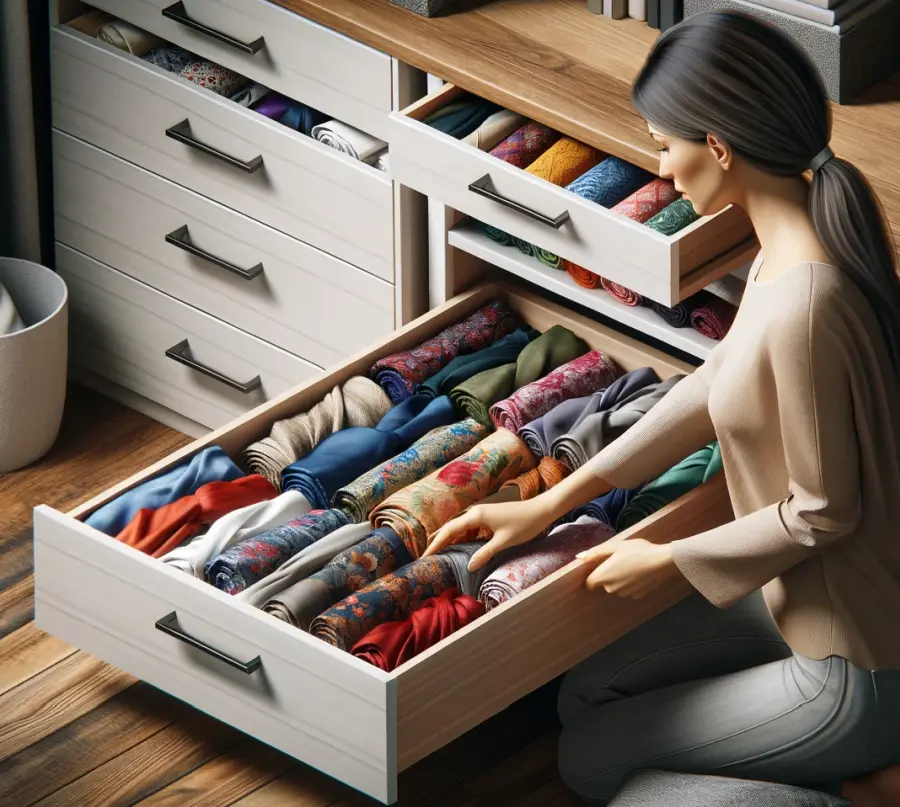 kobieta otwiera szufladę z apaszkami